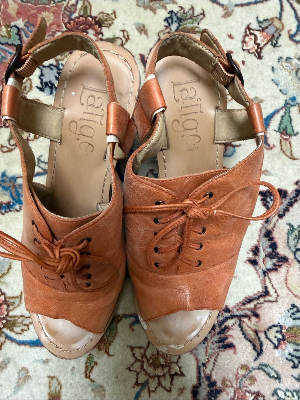 Anthropologie Latigo Trellis Cognac Leather Lace-Up Wedge Sandals – Size 7.5